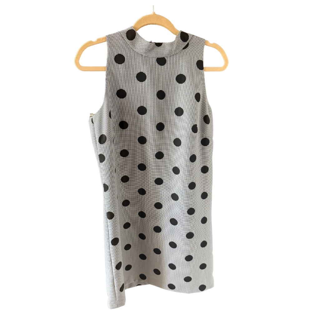 Tahari Black White Houndstooth Polka Dot Shift Aline Mock Neck Dress. Size 8.